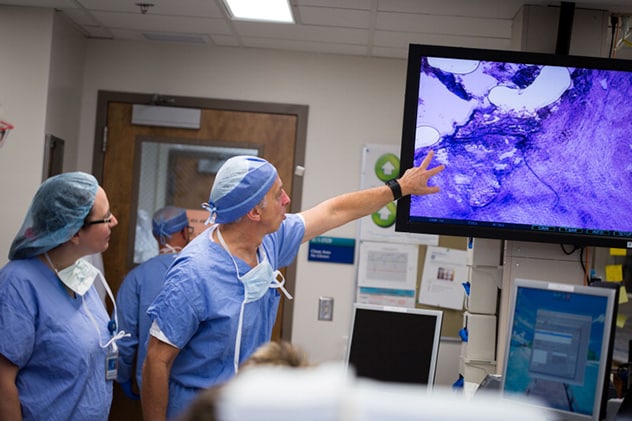 Cirujanos examinan imágenes de exploración de secciones congeladas intraoperativas durante la cirugía.