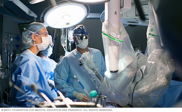 手术团队在进行机器人辅助心脏手术。
